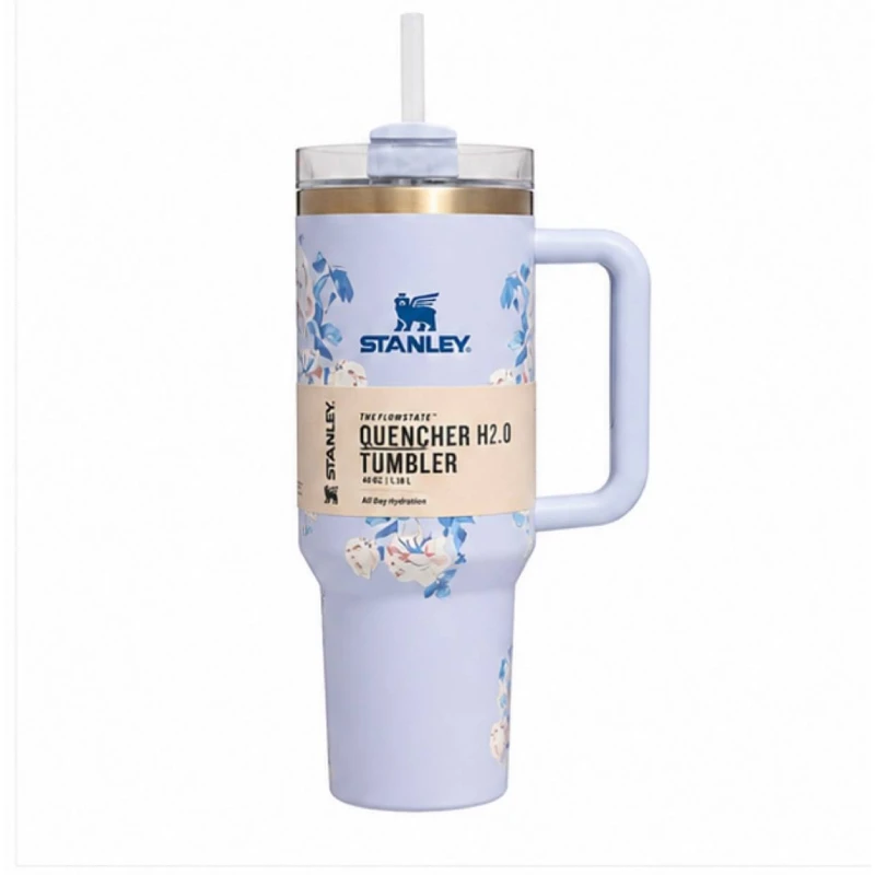 تراول ماگ استنلی Stanley مدل tumbler طرح شکوفه آبی 1180 میلی لیتر