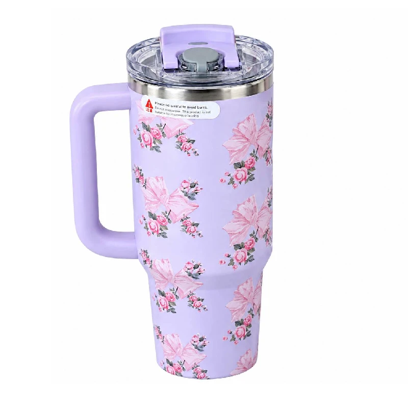 تراول ماگ طرح استنلی Stanly مدل Tumbler طرح Floral Sitarayvari رنگ یاسی گنجایش 900 میلی لیتر