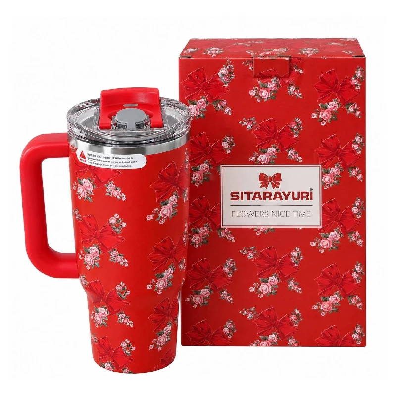تراول ماگ طرح استنلی Stanly مدل Tumbler طرح Floral Sitarayvari رنگ قرمز گنجایش 900 میلی لیتر - تصویر 2