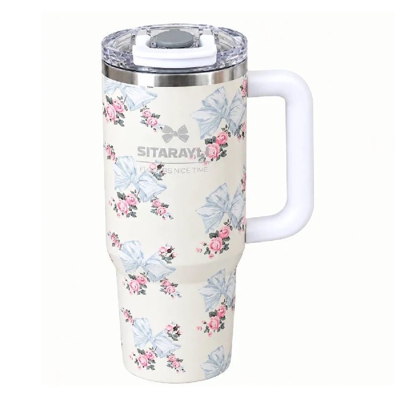 تراول ماگ طرح استنلی Stanly مدل Tumbler طرح Floral Sitarayvari رنگ نیلی گنجایش 900 میلی لیتر