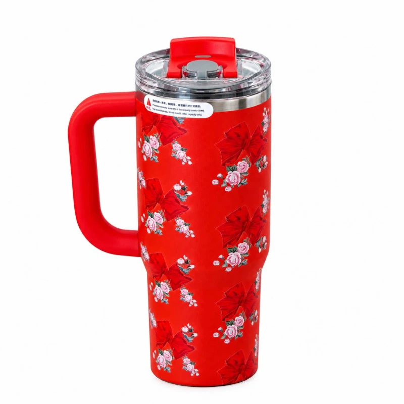 تراول ماگ طرح استنلی Stanly مدل Tumbler طرح Floral Sitarayvari رنگ قرمز گنجایش 900 میلی لیتر