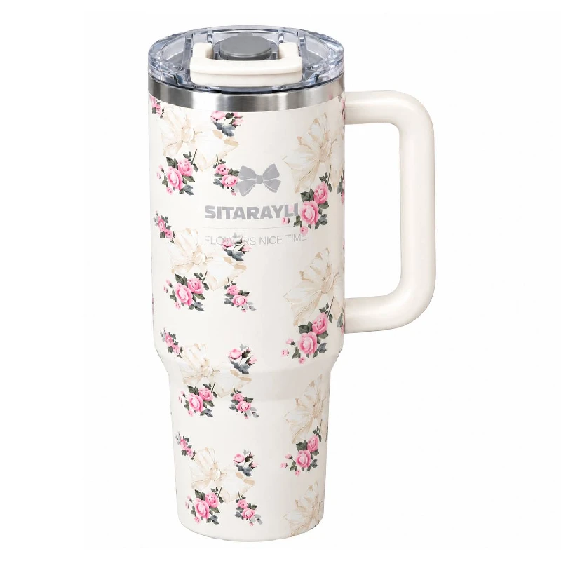 تراول ماگ طرح استنلی Stanly مدل Tumbler طرح Floral Sitarayvari رنگ سفید  گنجایش 900 میلی لیتر