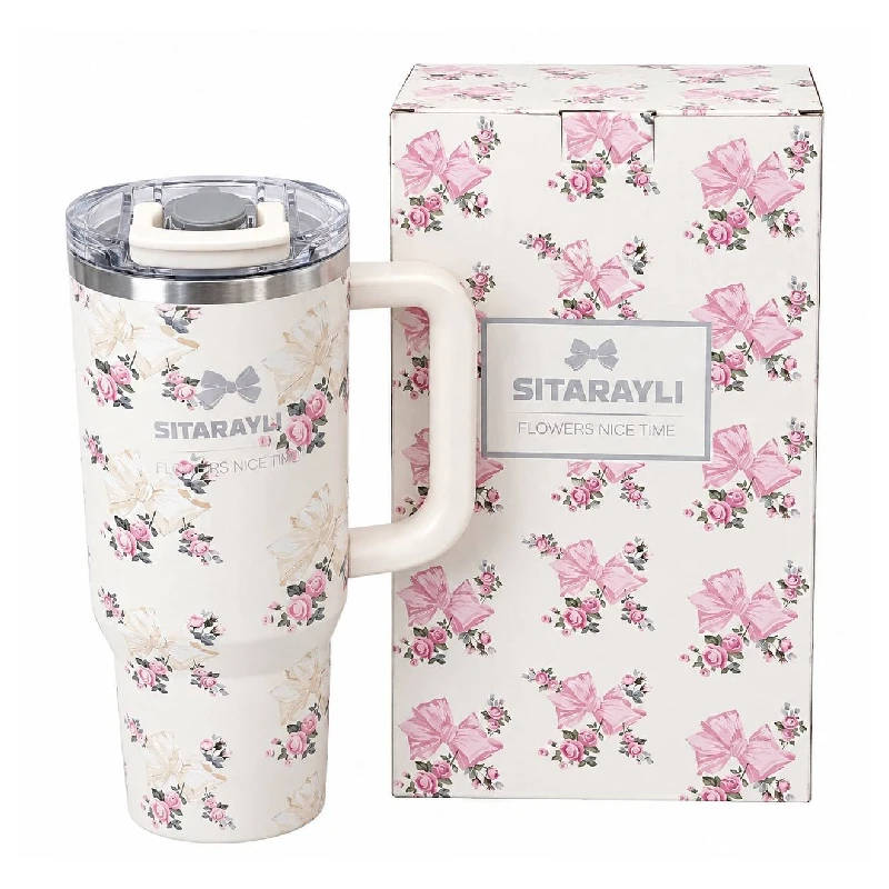 تراول ماگ طرح استنلی Stanly مدل Tumbler طرح Floral Sitarayvari رنگ سفید  گنجایش 900 میلی لیتر - تصویر 2